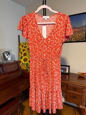 Gilli Coral-Red Floral V-Neck Tie-Waist Midi Dress